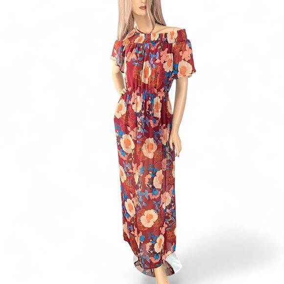 Y2K Fall Floral Maxi Dress S | Off Shoulder Burgundy Boho Cottagecore Prairie - Picture 6 of 9